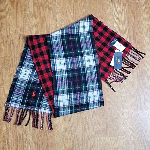 Polo Ralph Lauren Pony Logo Plaid Wool Neck Scarf Red Black Blue Made in Italy - Picture 1 of 9